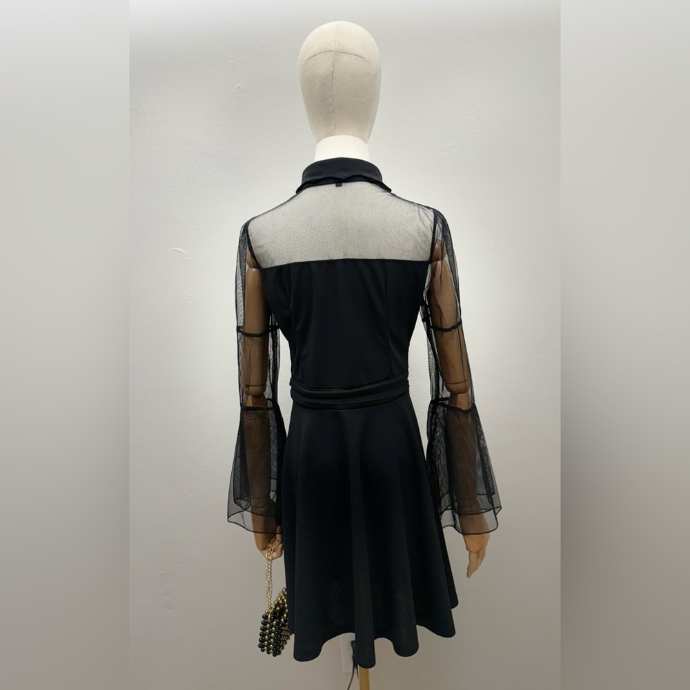 Black Sheer Mesh Collar Dress Women Size M Polyester Spandex Fit & Flare - Picture 7 of 14